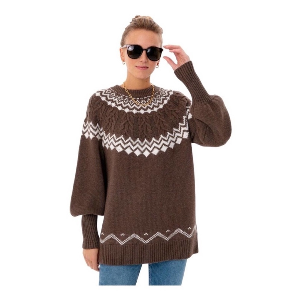 Tuckernuck Women’s Fair Isle Wren Sweater Cashmere/Wool Size L Coffee Brown EUC